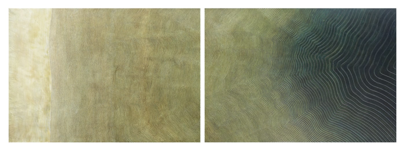 Sgraffito et gravure à l'acide sur enduit chaux, sur châssis bois et pigments. Diptyque 70 x 203 cm. 